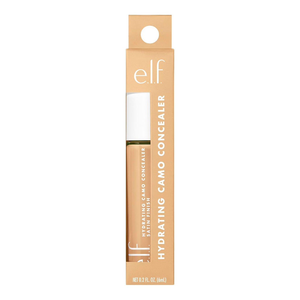 e.l.f. Hydrating Camo Concealer. Full Coverage. Tan Sand | Satin Finish. Under-Eye & Blemish Coverage. Hydrating Formula. Long-Lasting Wear. Non-Creasing. Vegan & Cruelty-Free