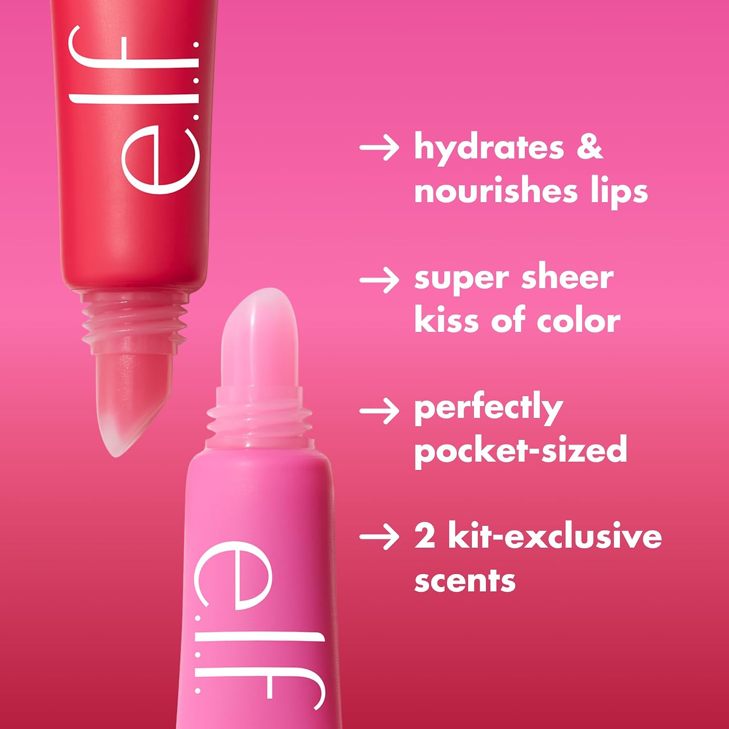 e.l.f. Squeeze Me More Lip Balm Duo. Cherry/Bubblegum | Moisturizing Balm For A Sheer Tint Of Color. Made With Hyaluronic Acid. Vegan & Cruelty-Free. Cherry & Bubblegum