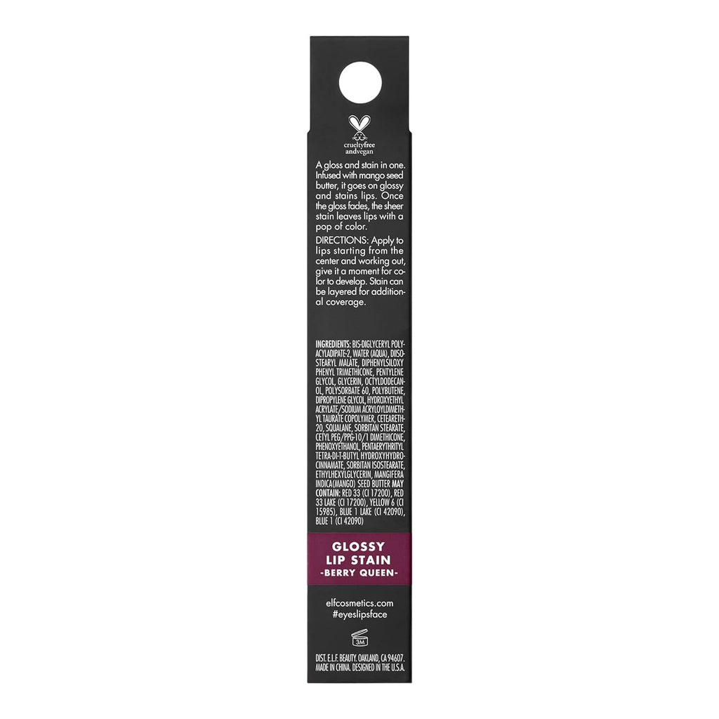 e.l.f. Glossy Lip Stain. Long-Lasting. Lightweight Lip Stain For A Sheer Pop Of Color & Subtle Gloss Finish. Vegan & Cruelty-Free. Berry Queen