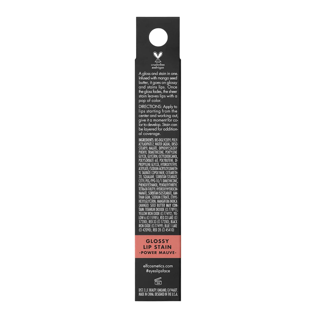 e.l.f. Glossy Lip Stain. Long-Lasting. Lightweight Lip Stain For A Sheer Pop Of Color & Subtle Gloss Finish. Vegan & Cruelty-Free. Power Mauves