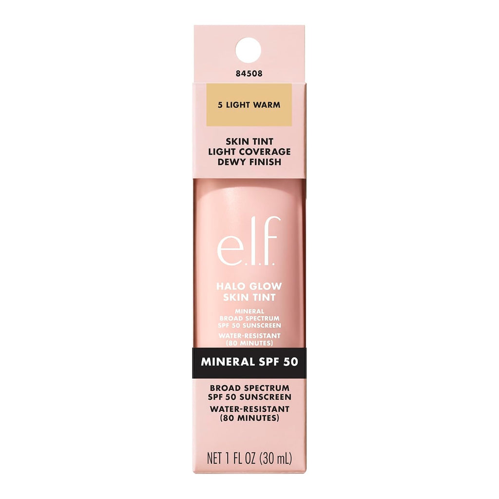 e.l.f. Halo Glow Skin Tint SPF 50. Hydrating & Tinted. 5 Light Warm | Lightweight Buildable Coverage. Dewy. Hydrated Finish. Broad-Spectrum SPF 50. Zinc Oxide & Niacinamide. Vegan & Cruelty-Free