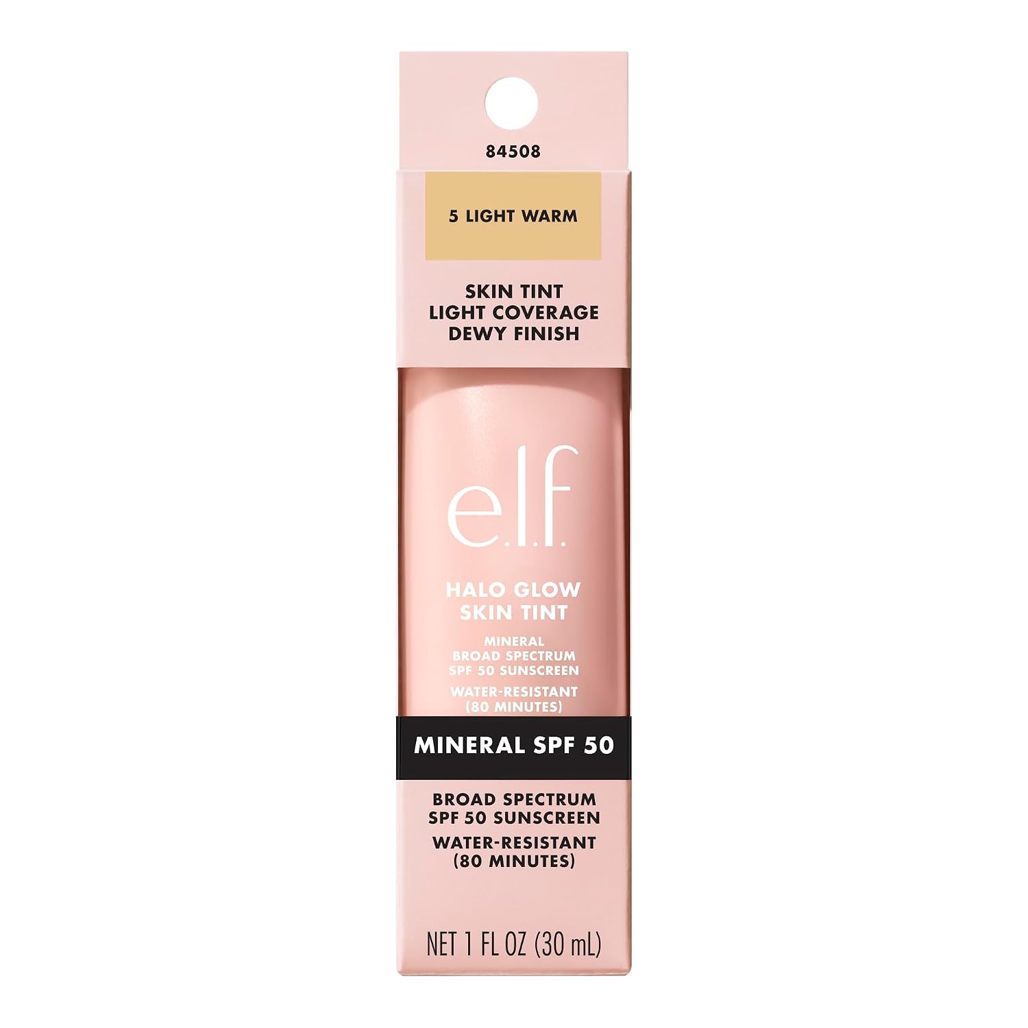 e.l.f. Halo Glow Skin Tint SPF 50. Hydrating & Tinted. 5 Light Warm | Lightweight Buildable Coverage. Dewy. Hydrated Finish. Broad-Spectrum SPF 50. Zinc Oxide & Niacinamide. Vegan & Cruelty-Free