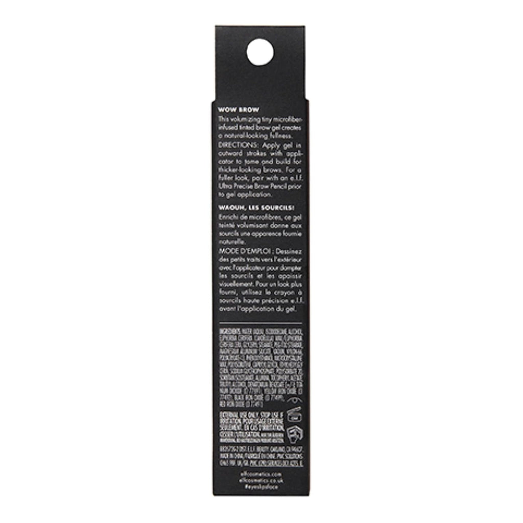 e.l.f. Wow Brow Gel. Volumizing. Buildable. Wax-Gel Hybrid. Creates Full. Voluminous-Looking Brows. Locks Brow Hairs In Place. Neutral Brown. Fiber-Infused 3.5g