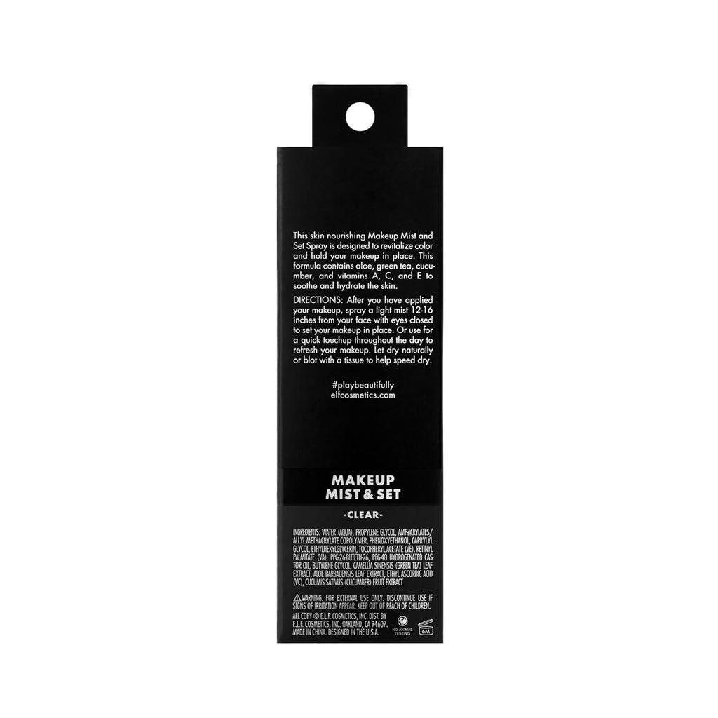 e.l.f. Makeup Mist & Set - Small. Lightweight. Long Lasting. All-Day Wear. Revitalizes. Refreshes. Hydrates. Soothes. Infused with Aloe. Green Tea and Cucumber. 2.02 Fl Oz