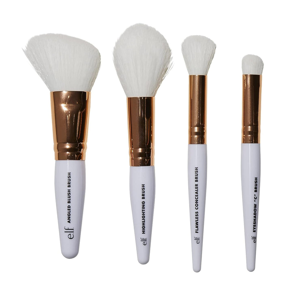 e.l.f. Rose Gold Travel Brush Kit | 4-Piece Brush Set For Concealer. Blush. Highlighter. Eyeshadow & more. Travel-Sized. Vegan & Cruelty-Free