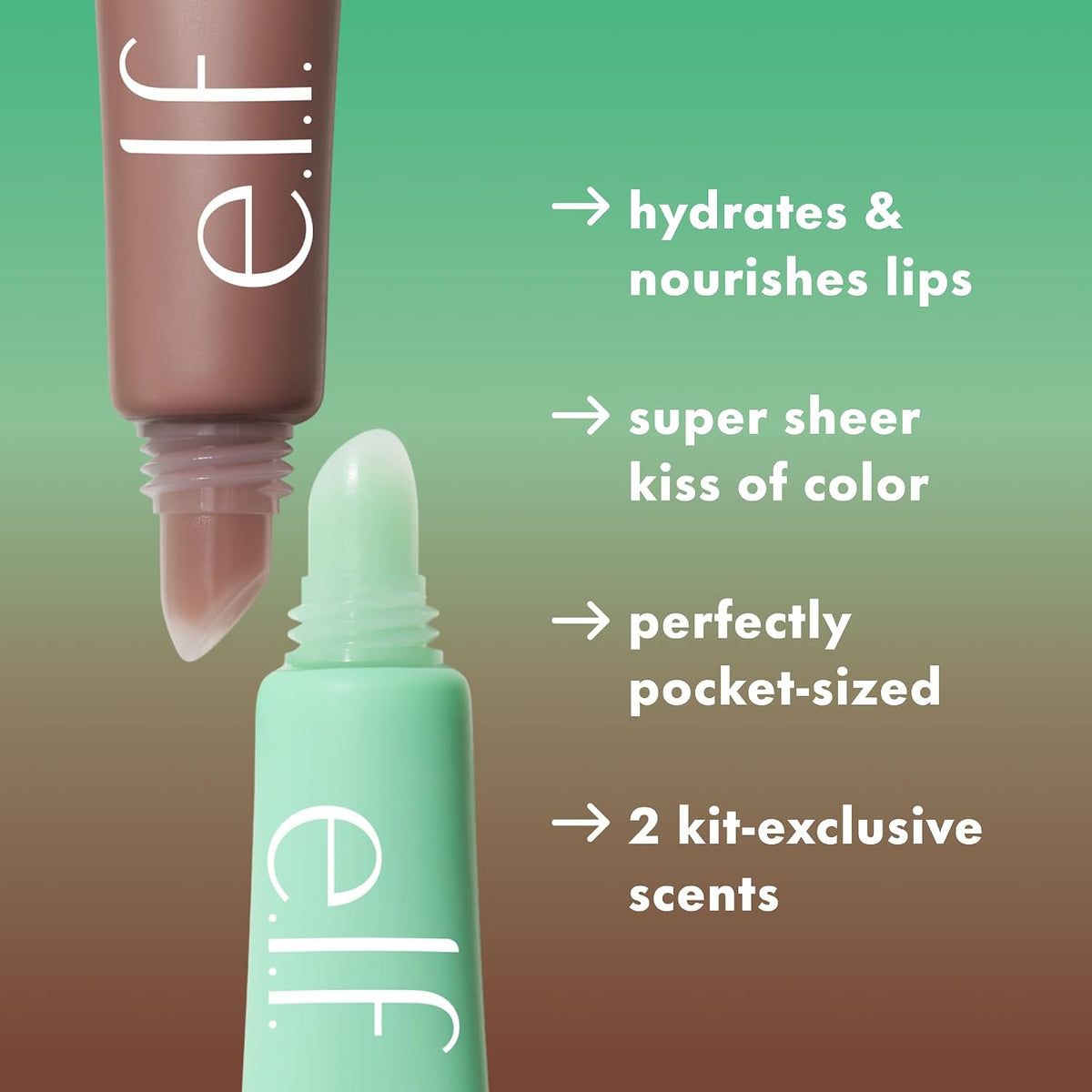 e.l.f. Squeeze Me More Lip Balm Duo. Mint/Chocolate | Moisturizing Balm For A Sheer Tint Of Color. Made With Hyaluronic Acid. Vegan & Cruelty-Free. Mint & Chocolate