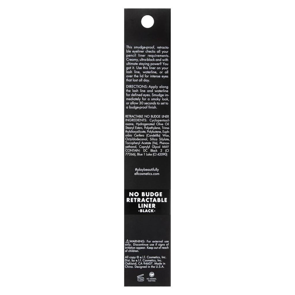 e.l.f. No Budge Retractable Eyeliner. Creamy. Ultra-Pigmented & Waterproof. Creates Bold & Defined Lines. Vegan & Cruelty-Free. Black