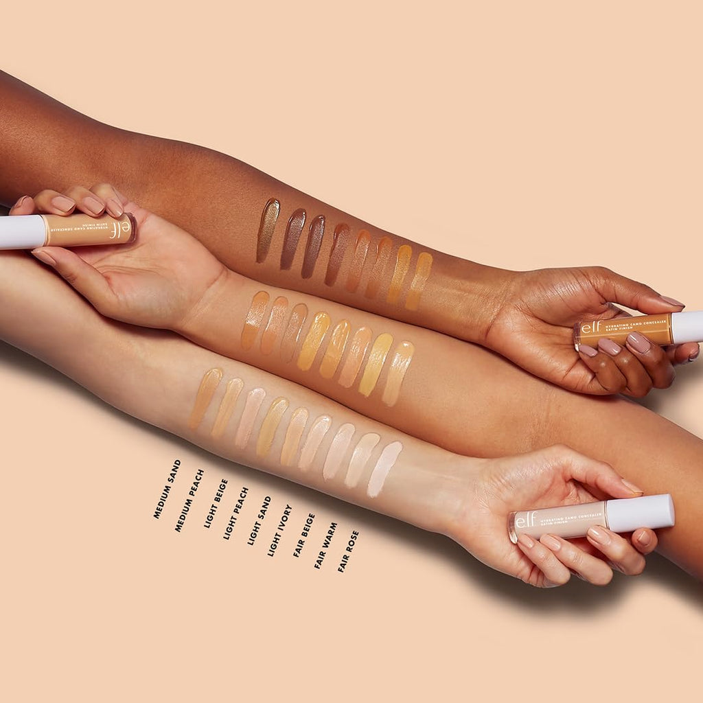 e.l.f. Hydrating Camo Concealer. Full Coverage. Light Ivory | Satin Finish. Under-Eye & Blemish Coverage. Hydrating Formula. Long-Lasting Wear. Non-Creasing. Vegan & Cruelty-Free