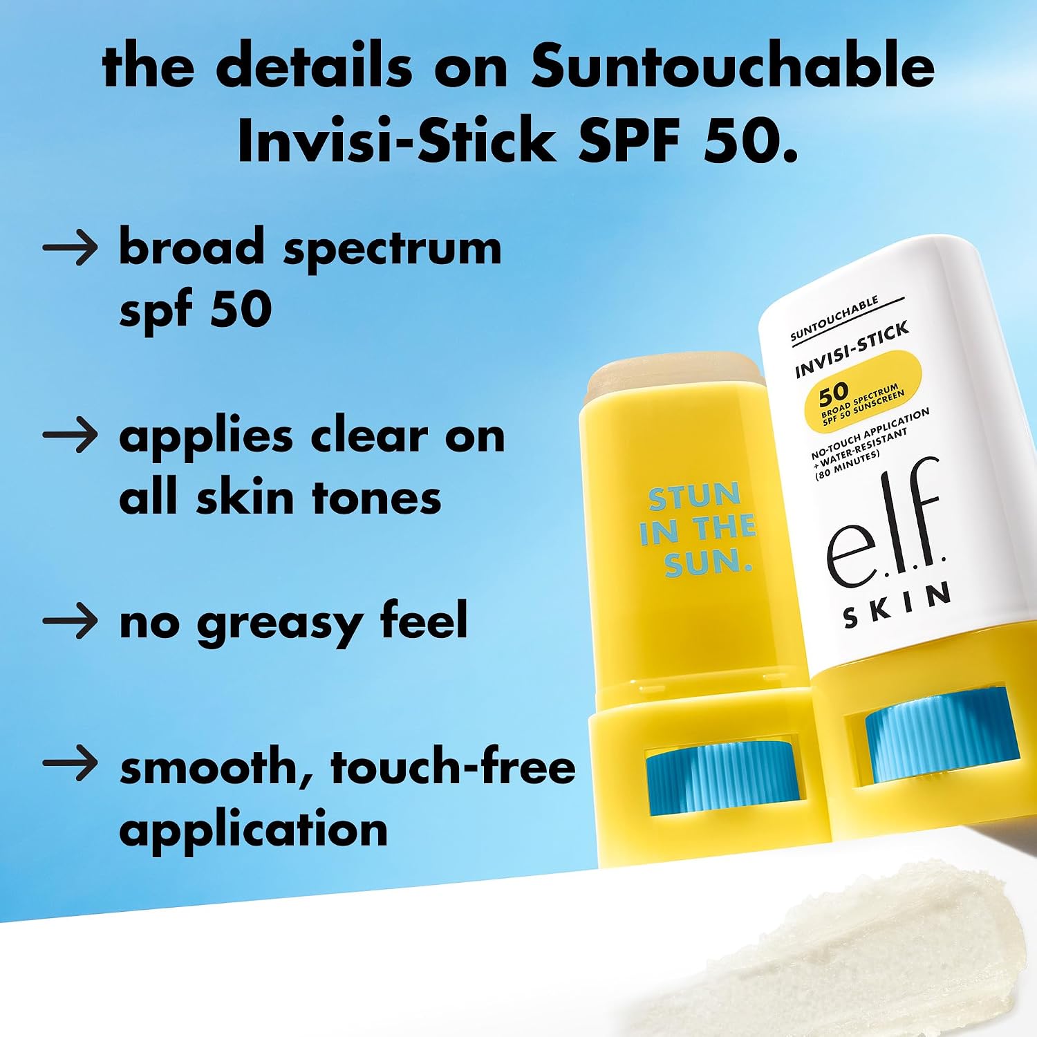 e.l.f. SKIN Suntouchable Invisi-Stick Face Sunscreen SPF 50. Clear. Lightweight with Sunflower Seed Oil. Vegan & Cruelty-Free