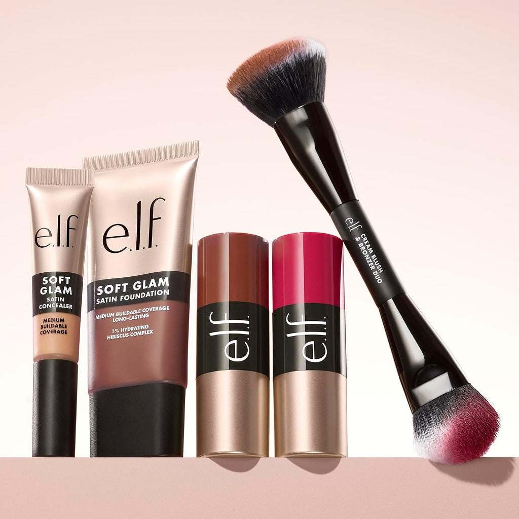 e.l.f. Cream Blush & Bronzer Duo Brush. Blending & Layering Brush | Cream Formulas. Dense Synthetic Bristles. Angled Sculpting. Creates Seamless & Professional Finish. Vegan & Cruelty-Free