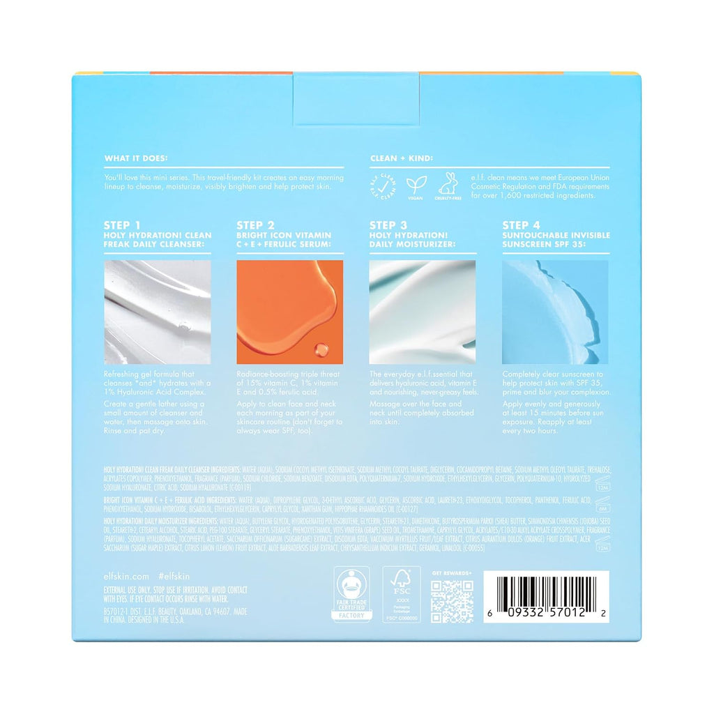 e.l.f. SKIN Wake the e.l.f. Up Skincare Kit | Travel-Size Hydrating Face Cleanser. Sunscreen. Moisturizer & Brightening Serum. Vegan & Cruelty-Free