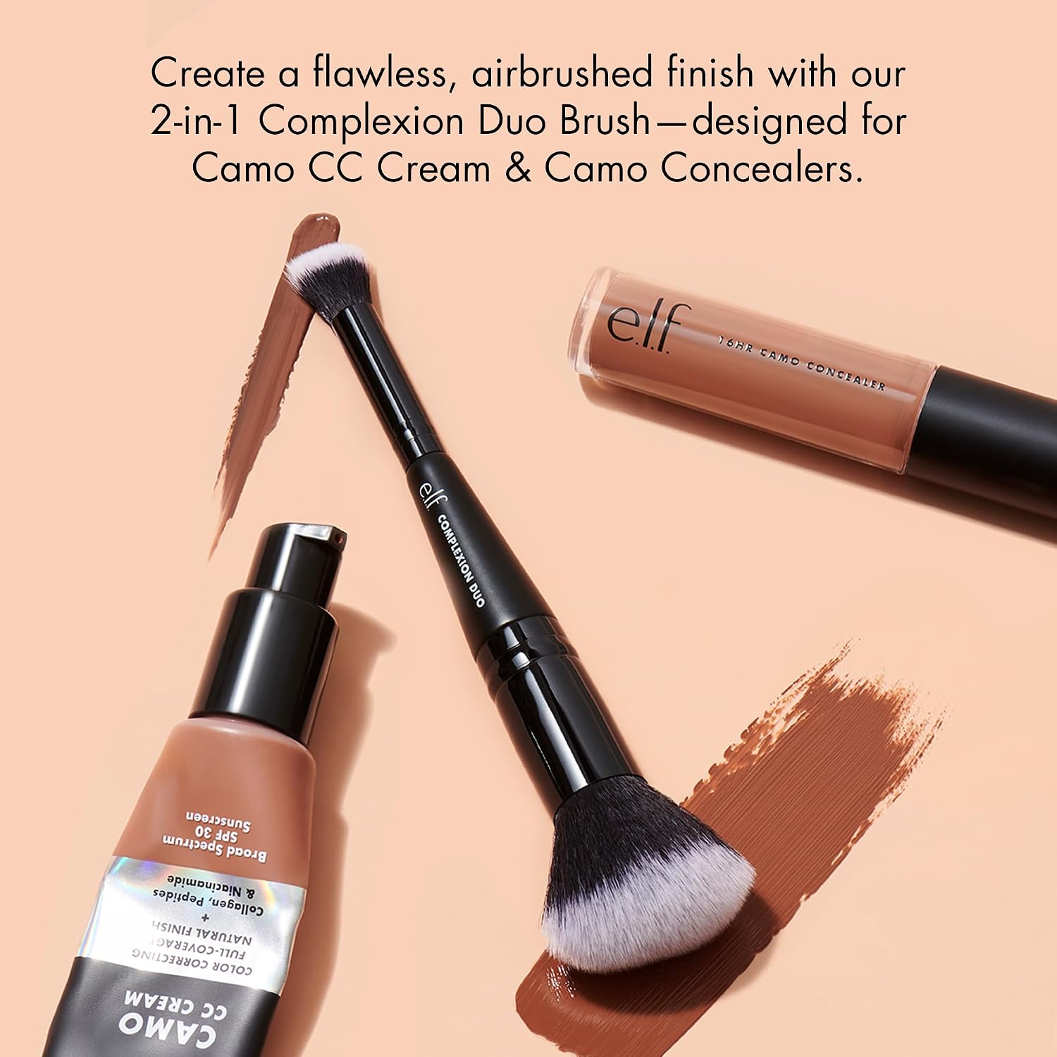 e.l.f. Complexion Duo Brush. Makeup Brush For Applying Foundation & Concealer. Creates An Airbrushed Finish. Made With Vegan. Cruelty-Free Bristles