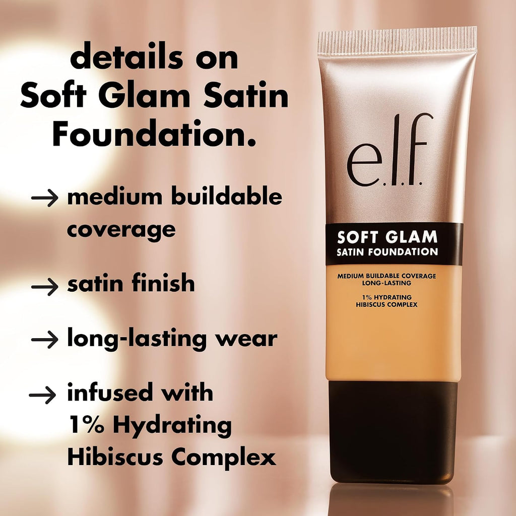 e.l.f. Soft Glam Satin Foundation. Medium Coverage. 23 Light Cool | Satin Finish. Long-Lasting Wear. Hydrating Hyaluronic Acid & Hibiscus Complex. Blurs Pores. Lightweight. Vegan & Cruelty-Free
