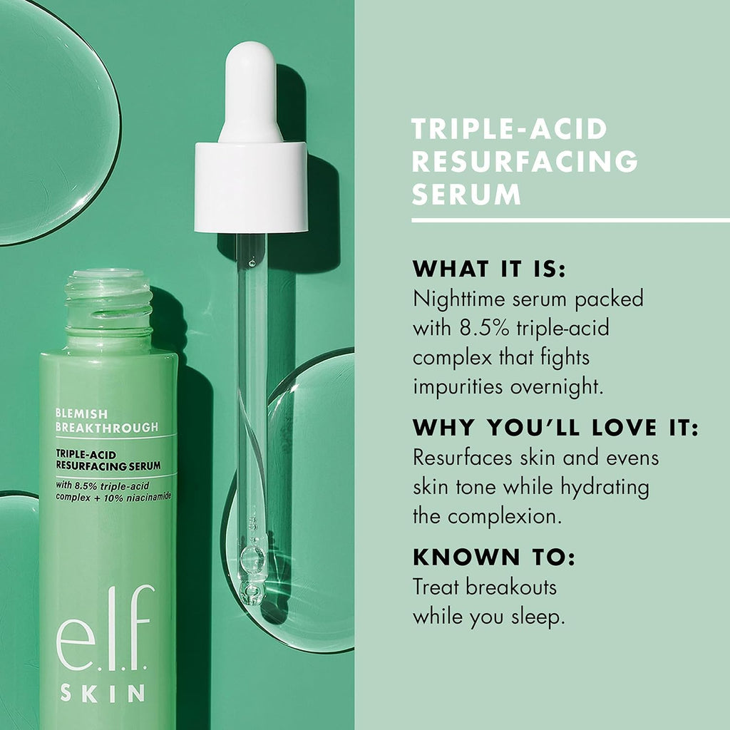 e.l.f. SKIN Blemish Breakthrough Triple-Acid Resurfacing Serum. Hydrating Night Serum For Fighting Blemishes. Helps Improve Skin Tone & Texture