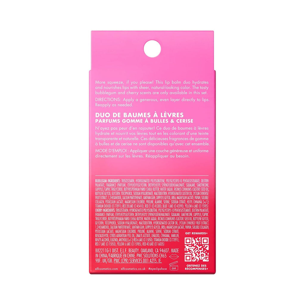 e.l.f. Squeeze Me More Lip Balm Duo. Cherry/Bubblegum | Moisturizing Balm For A Sheer Tint Of Color. Made With Hyaluronic Acid. Vegan & Cruelty-Free. Cherry & Bubblegum