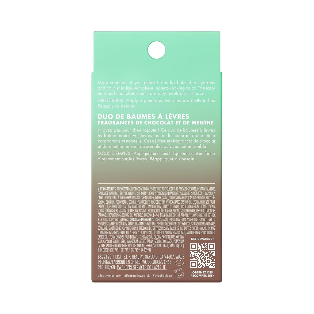e.l.f. Squeeze Me More Lip Balm Duo. Mint/Chocolate | Moisturizing Balm For A Sheer Tint Of Color. Made With Hyaluronic Acid. Vegan & Cruelty-Free. Mint & Chocolate