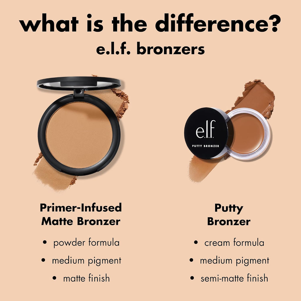 e.l.f. Primer-Infused Bronzer. Tan O'Clock | Long-Lasting. Lightweight & Buildable Powder Bronzer. Delivers A Matte Finish. Vegan & Cruelty-Free. Tan O' Clock