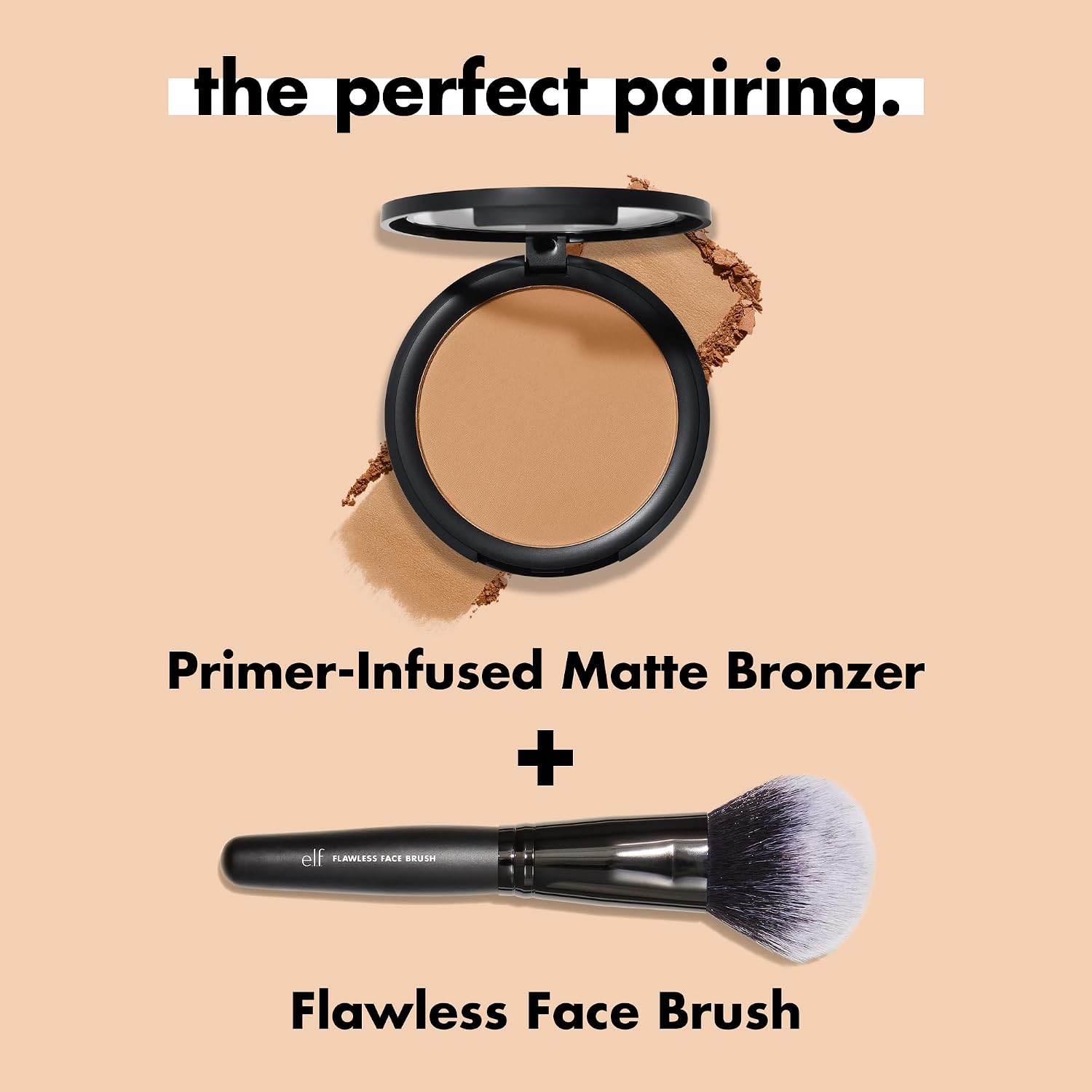 e.l.f. Primer-infused Bronzer. Long-Wear. Matte. Bold. Lightweight. Blends Easily. Contours Cheeks. Forever Sun Kissed. All-Day Wear. 0.35 Oz