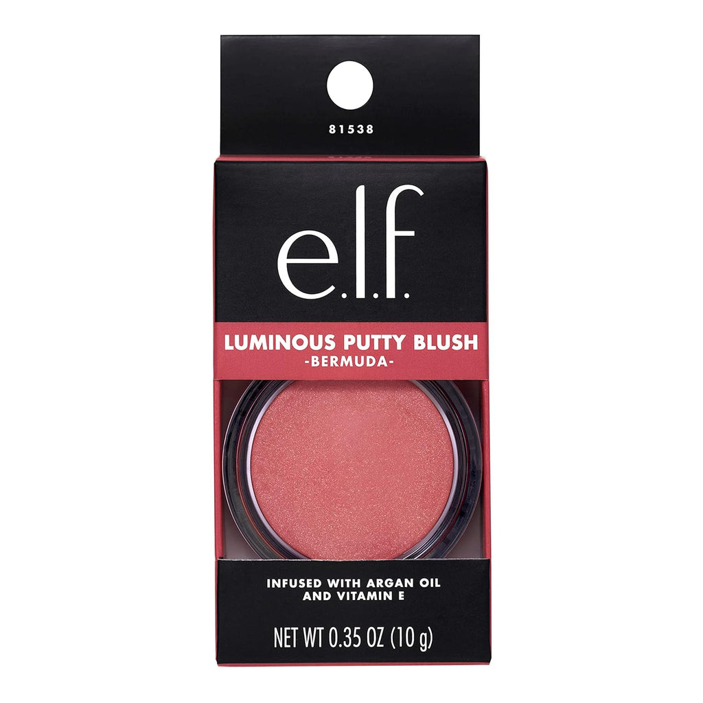 e.l.f. Luminous Putty Blush. Putty-to-Powder. Buildable Blush With A Subtle Shimmer Finish. Highly Pigmented & Creamy. Vegan & Cruelty-Free. Bermuda
