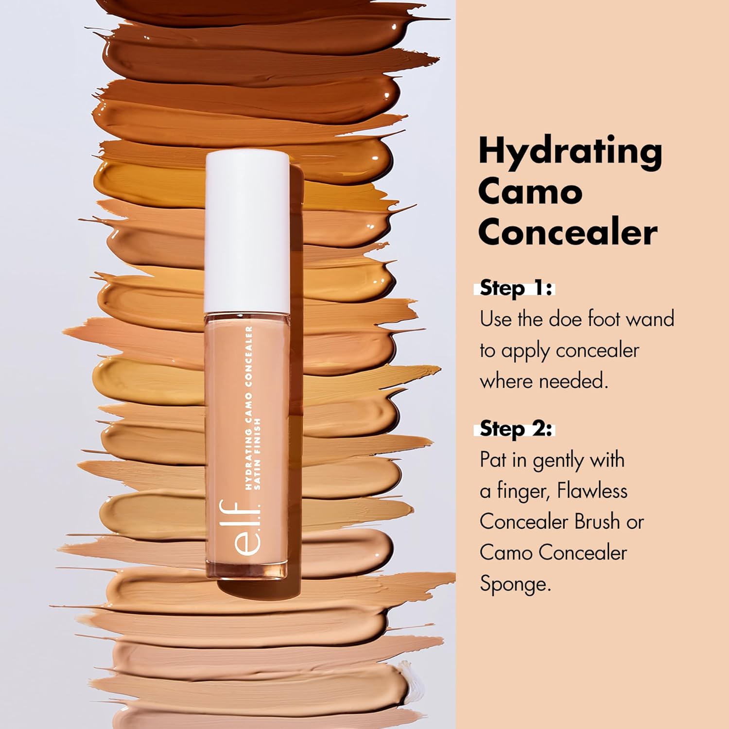 e.l.f. Hydrating Camo Concealer. Full Coverage. Tan Sand | Satin Finish. Under-Eye & Blemish Coverage. Hydrating Formula. Long-Lasting Wear. Non-Creasing. Vegan & Cruelty-Free