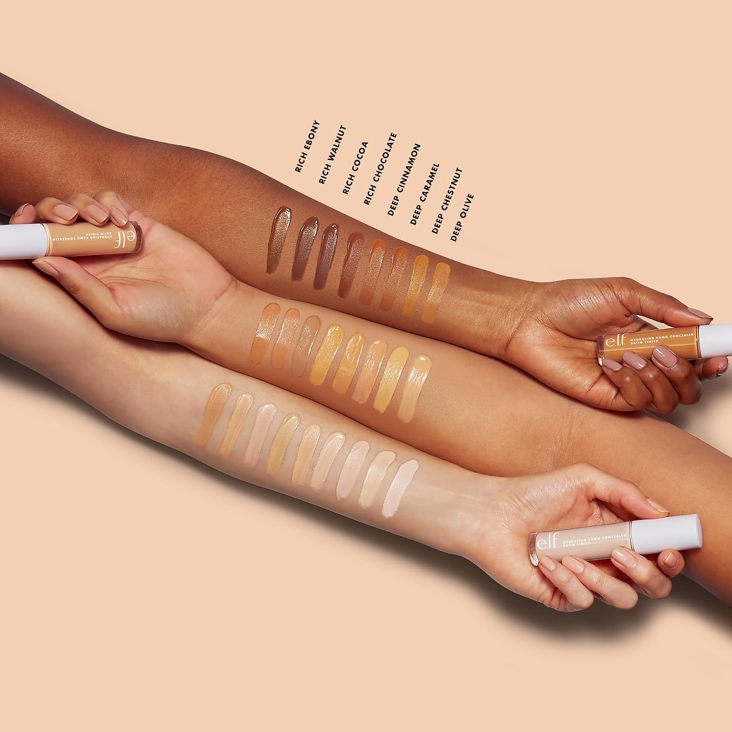 e.l.f. Hydrating Camo Concealer. Full Coverage. Deep Caramel | Satin Finish. Under-Eye & Blemish Coverage. Hydrating Formula. Long-Lasting Wear. Non-Creasing. Vegan & Cruelty-Free