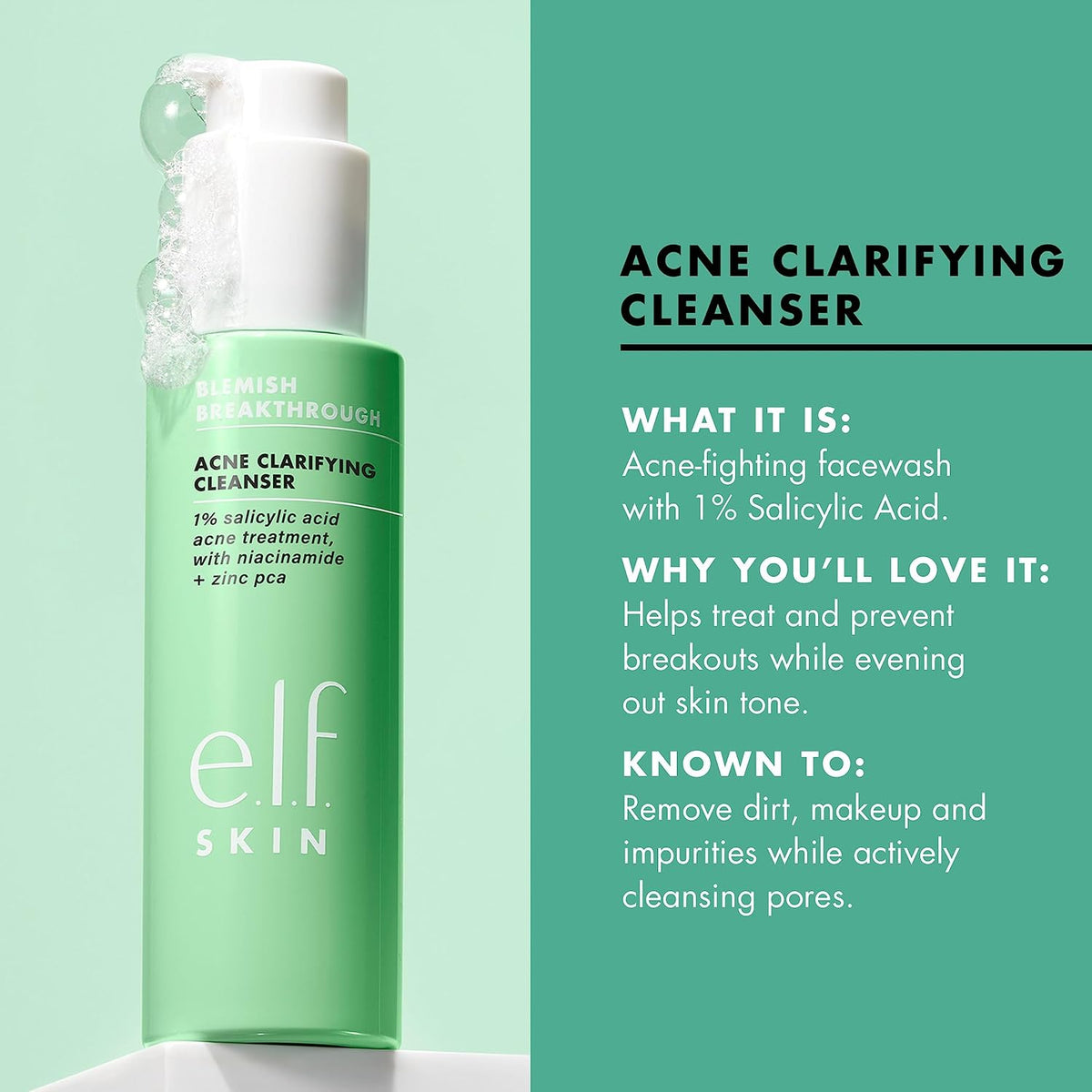e.l.f. SKIN Blemish Breakthrough Clarifying Cleanser. Gel Cleanser For Removing Makeup. Controlling Oil & Clarifying Pores. 1% Salicylic Acid