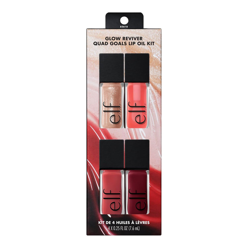 e.l.f. Glow Reviver Quad Goals Lip Oil Kit | 4 Hydrating. Non-Sticky Glossy Tinted Lip Oils. Lip Gloss Set. Moisturizing Lip Care. Vegan & Cruelty-Free