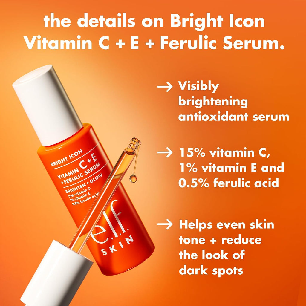 e.l.f. SKIN Bright Icon Vitamin C + E + Ferulic Serum. 1 oz | Brightening Serum with 15% Vitamin C. 1% Vitamin E & 0.5% Ferulic Acid. Helps the Look of Dark Spots. Vegan & Cruelty-Free