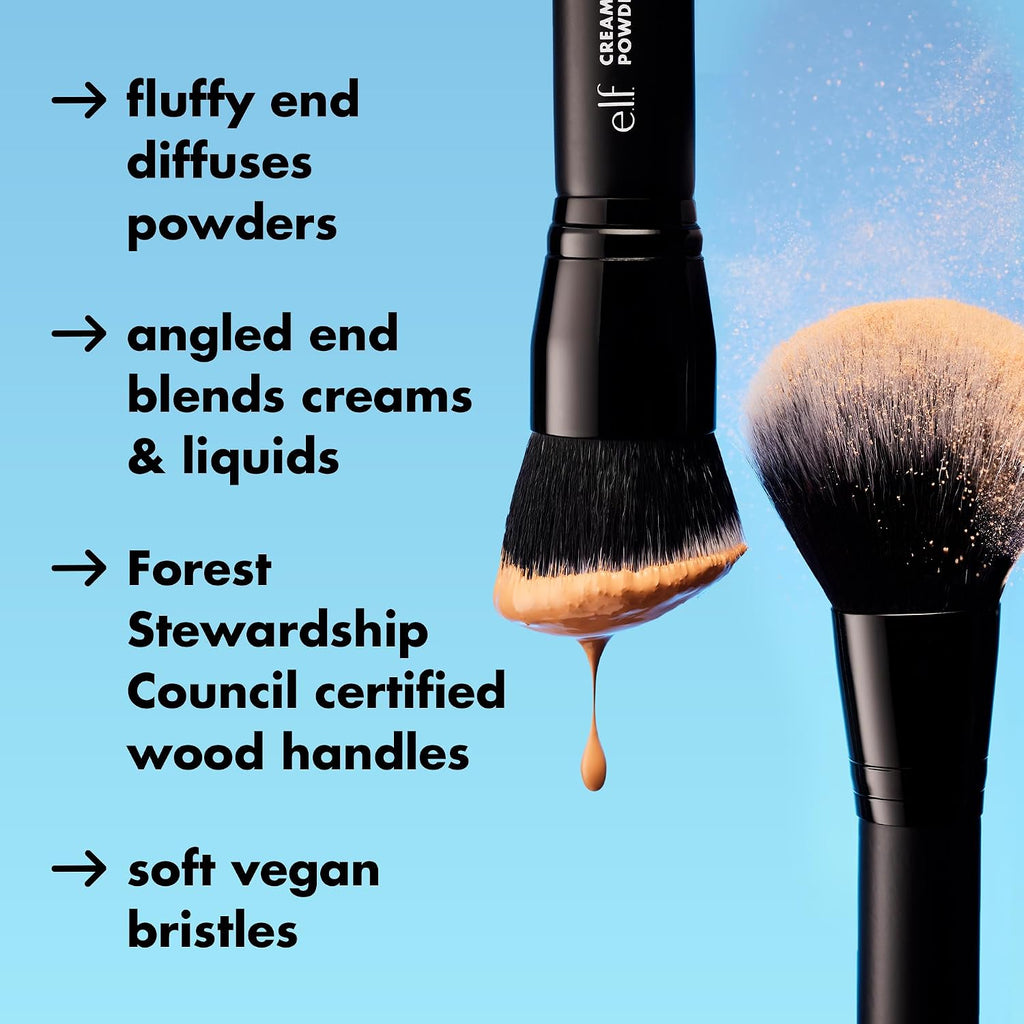 e.l.f. Powder Brush. Versatile Makeup Brush For Powder. Blush & Bronzer. Creates A Sculpted Look. Made With Synthetic Bristles. Vegan & Cruelty-Free