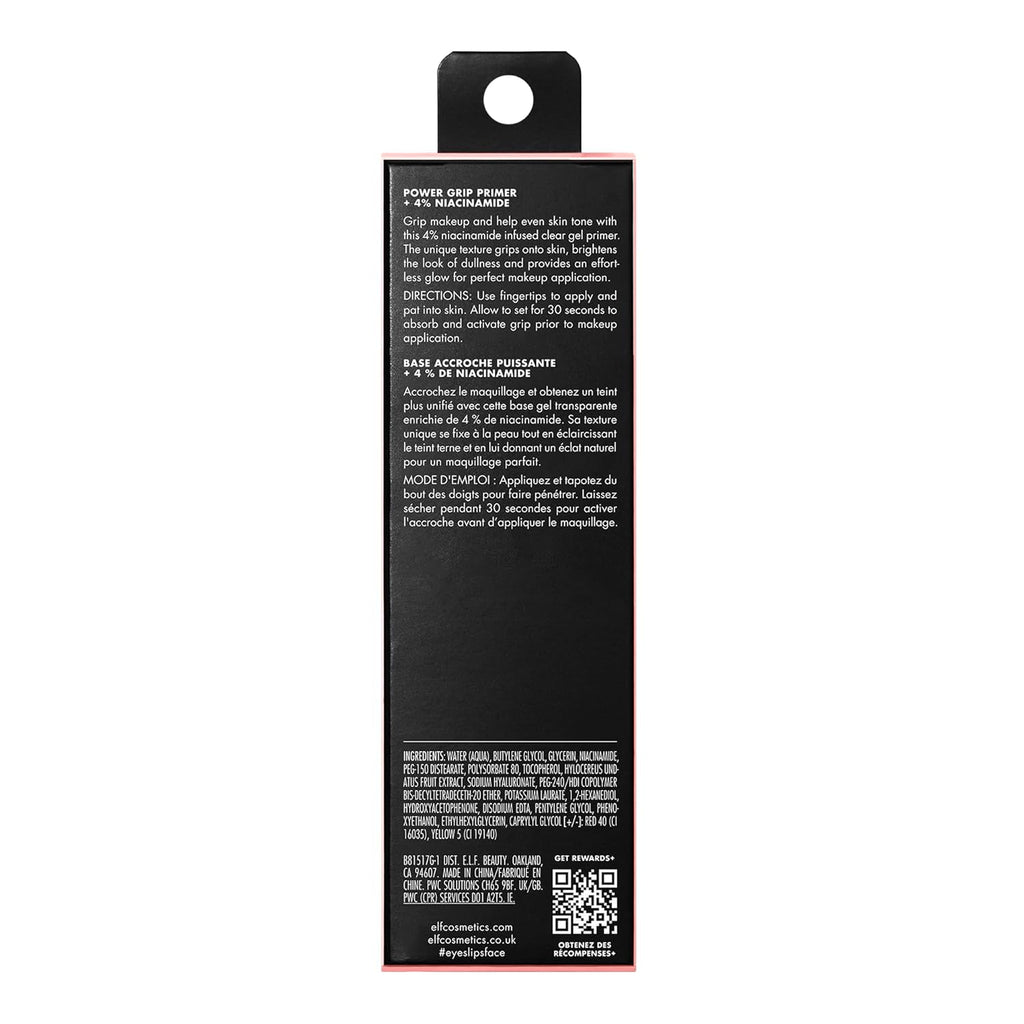 e.l.f. Power Grip Primer + 4% Niacinamide. Gripping Gel Primer. 0.811 Fl Oz | Brightening Formula. Ultra-Dewy & Glowing Finish. Long-Lasting Wear. Hydrating Gel Base. Lightweight. Vegan & Cruelty-Free