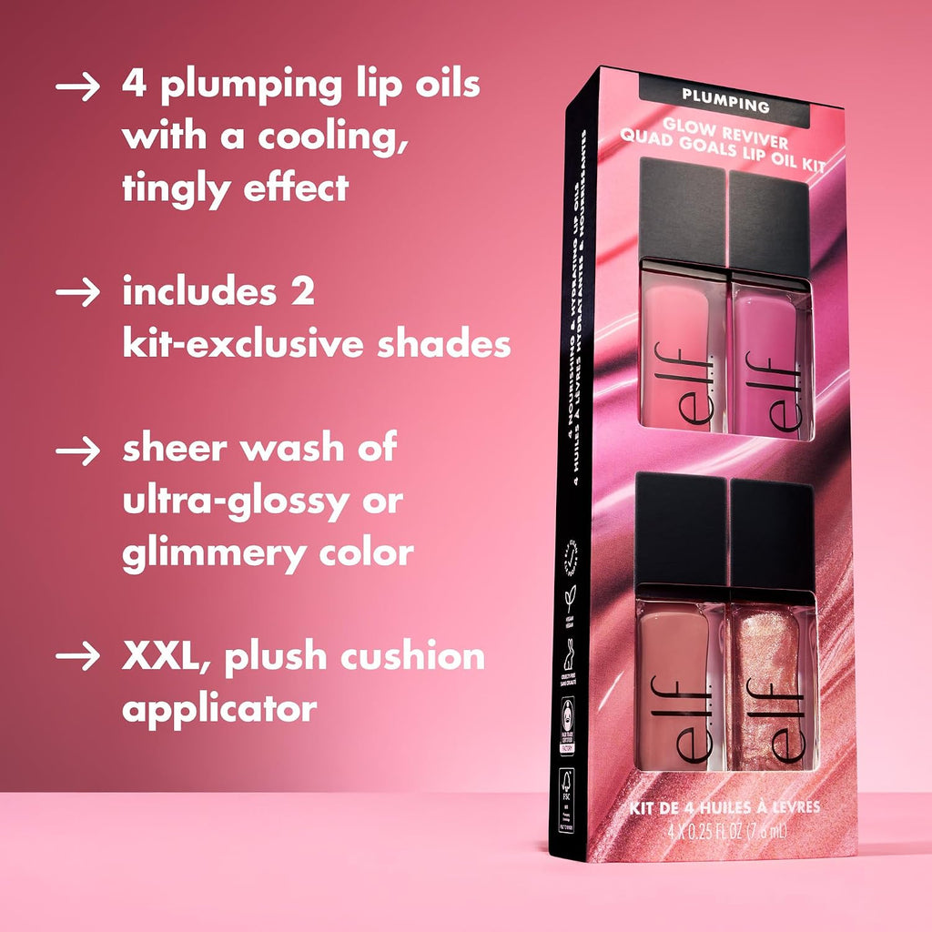 e.l.f. Glow Reviver Plumping Lip Oil Kit | Nourishing Tinted Lip Oils For A High-Shine Finish. Infused With Jojoba Oil. Vegan & Cruelty-Free. 4 Shades