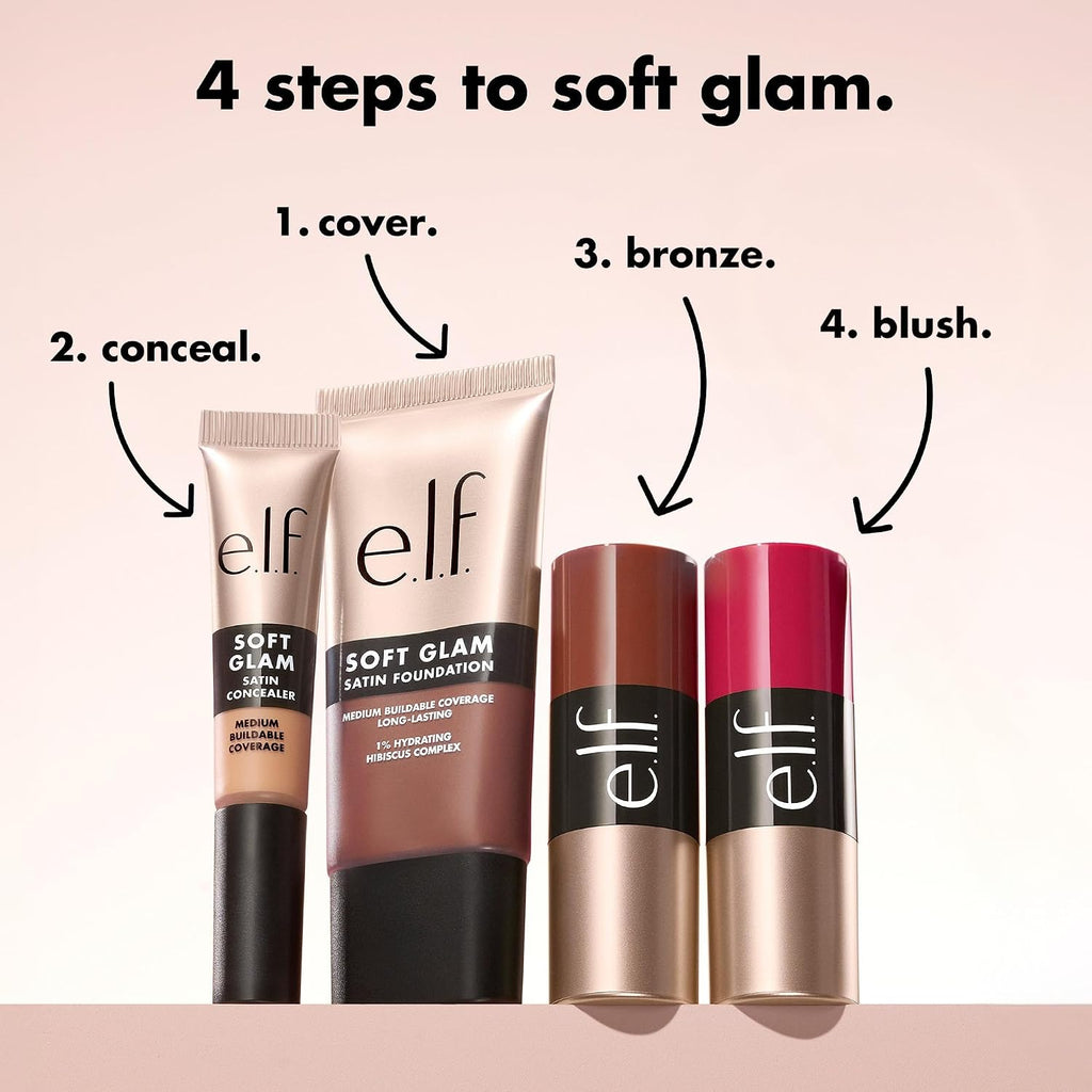 e.l.f. Soft Glam Cream Blush Stick. Buildable Natural Flush. Pink On It | Creamy Blendable Texture. Soft Satin Finish. Lightweight Buildable Color. Easy On-the-Go Application. Vegan & Cruelty-Free