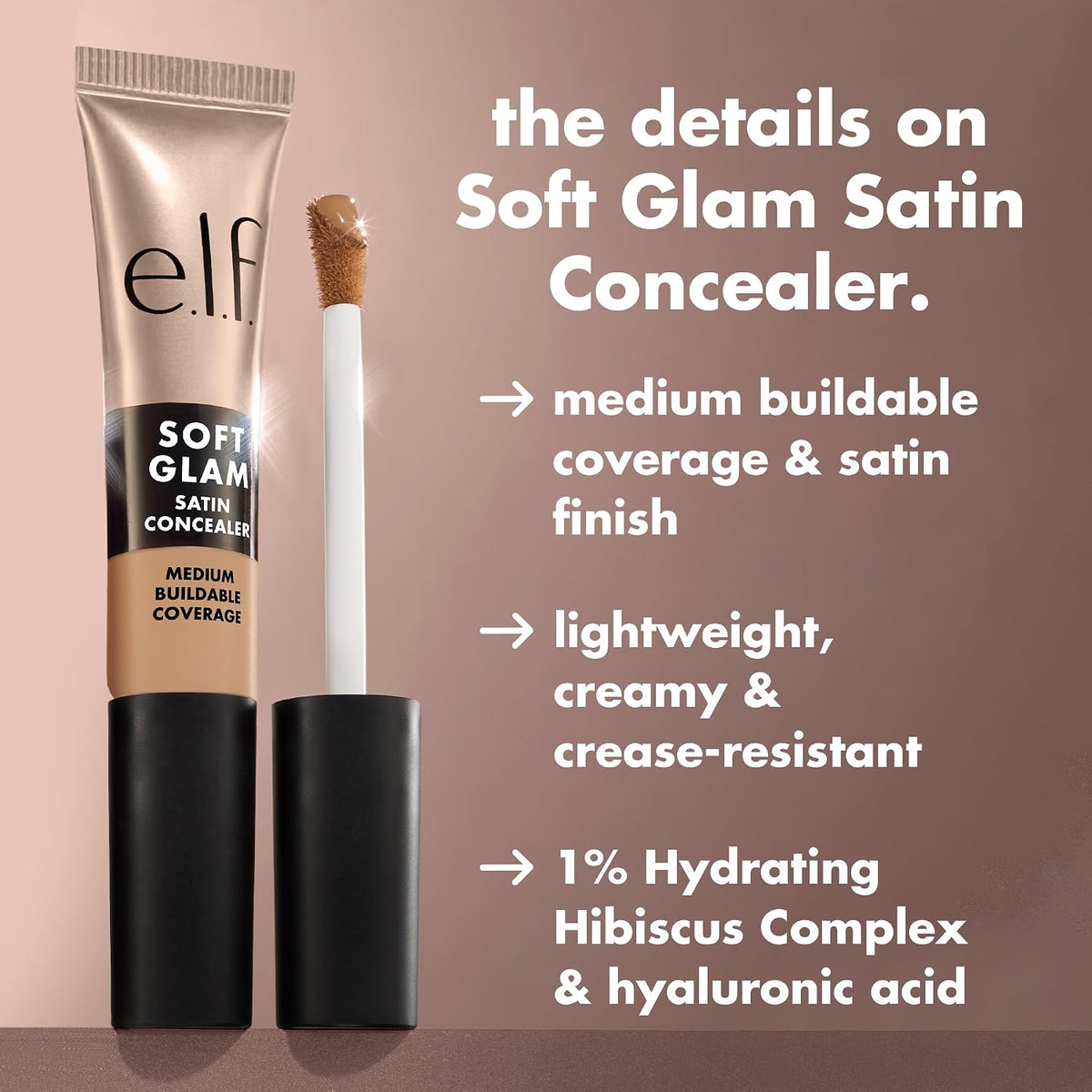 e.l.f. Soft Glam Satin Concealer. Medium Coverage. 65 Rich Neutral | Hydrating Hyaluronic Acid & 1% Hibiscus Complex. Crease-Resistant. Lightweight Formula. Vegan & Cruelty-Free