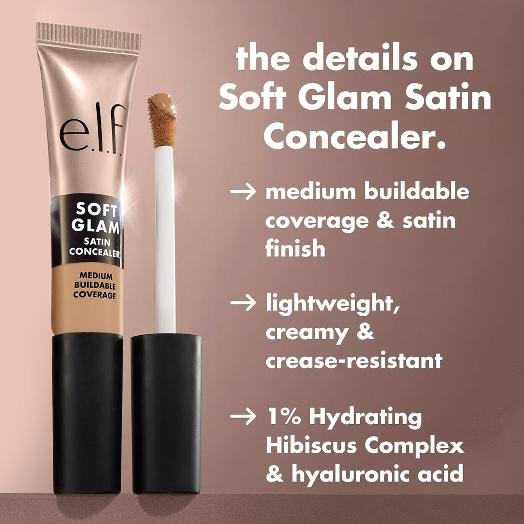 e.l.f. Soft Glam Satin Concealer. Medium Coverage. 10 Fair Cool | Hydrating Hyaluronic Acid & 1% Hibiscus Complex. Crease-Resistant. Lightweight Formula. Vegan & Cruelty-Free