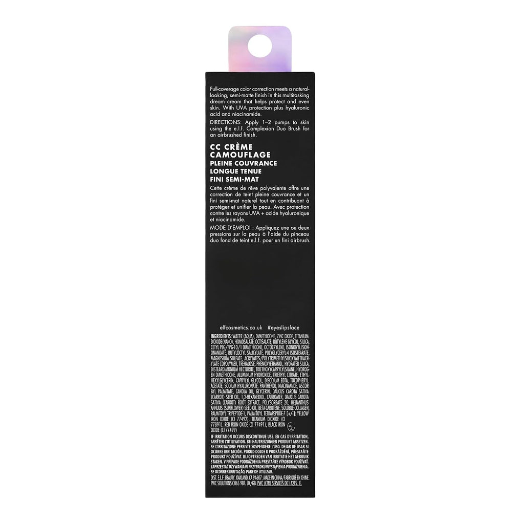 e.l.f. Camo CC Cream. SPF 30 Color-Correcting Medium-To-Full Coverage Face Foundation. Delivers An Airbrushed Finish. Vegan & Cruelty-Free. Tan 400 W