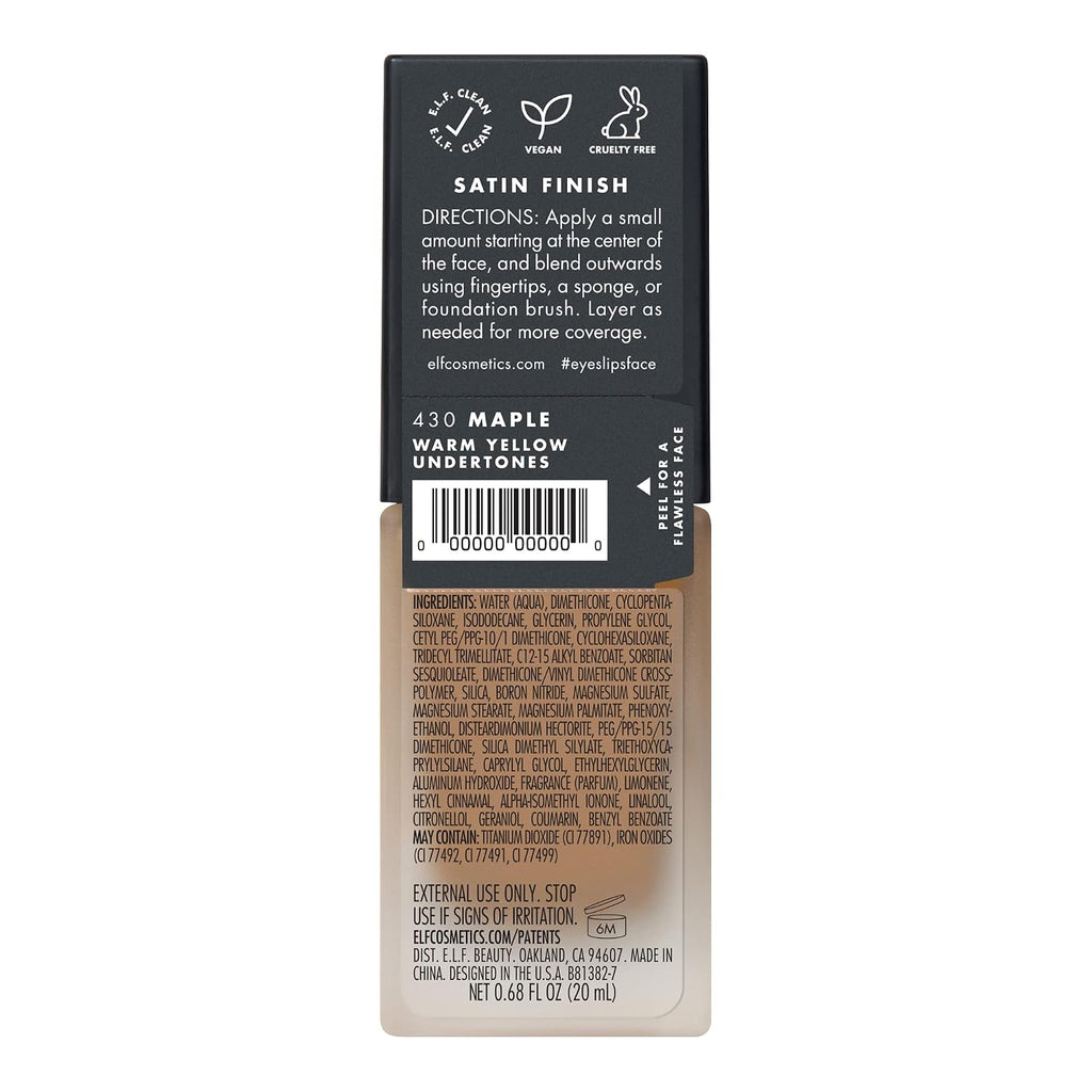 e.l.f. Flawless Satin Foundation. Lightweight & Medium Coverage. Semi-Matte Finish. Vegan & Cruelty-Free. Maple. 0.68 Fl Oz (20mL)