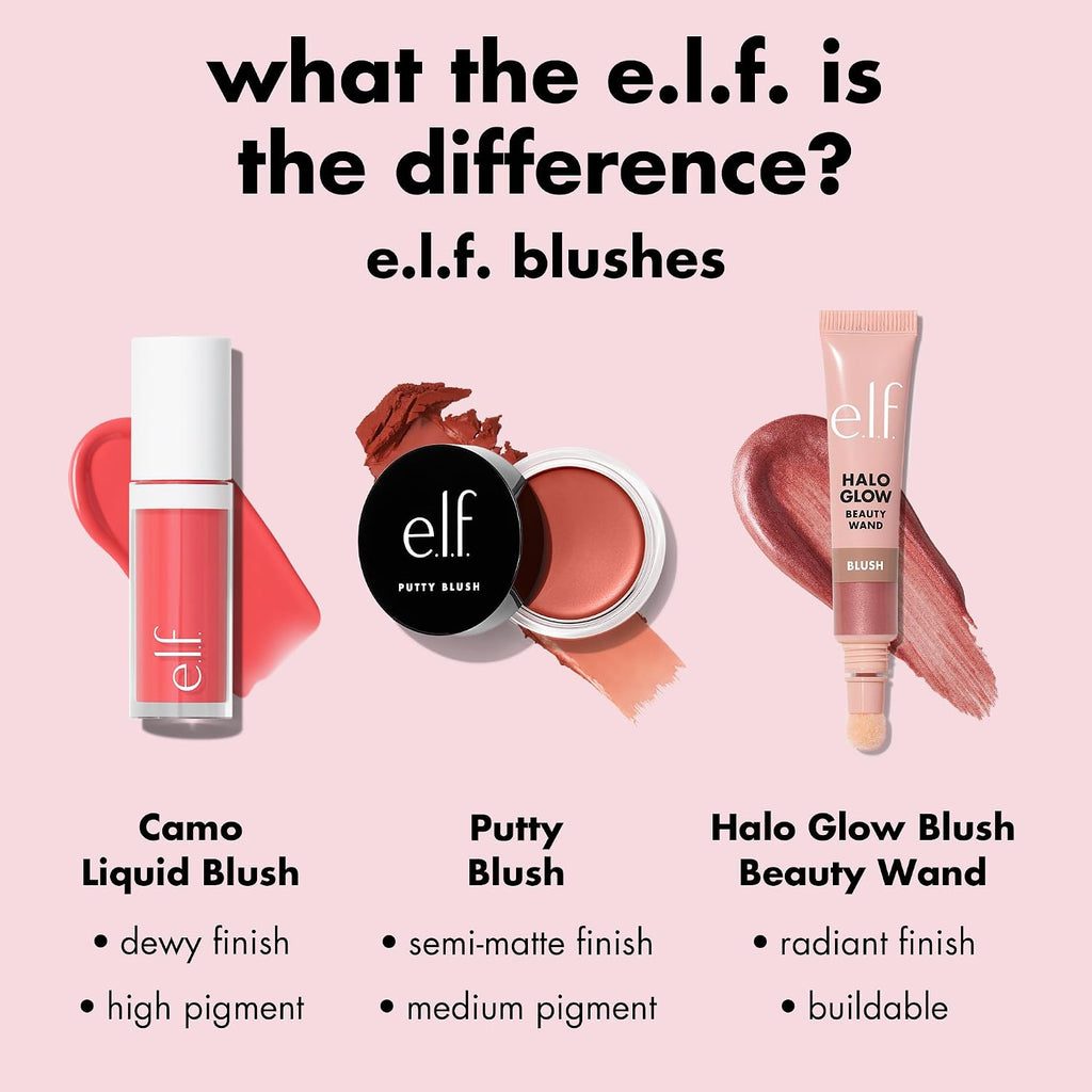 e.l.f. Camo Liquid Blush. Buildable & Blendable. Berry Well | Lightweight Liquid Formula. Long-Lasting Wear. High-Pigment Color. Smooth Application. Buildable. Vegan & Cruelty-Free