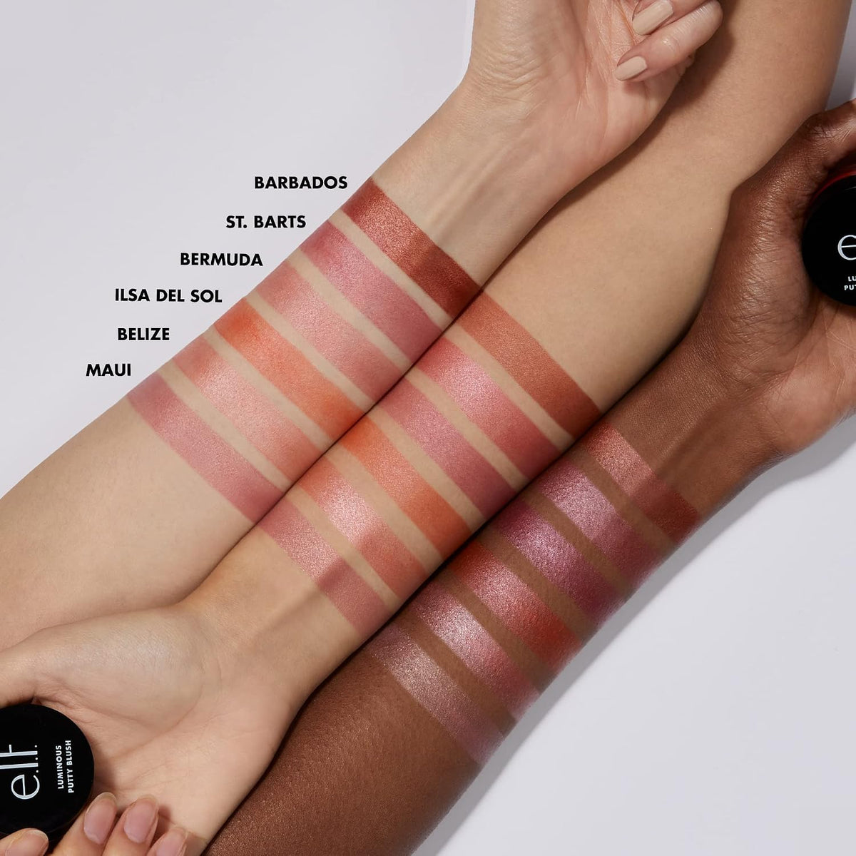 e.l.f. Luminous Putty Blush. Putty-to-Powder. Buildable Blush With A Subtle Shimmer Finish. Highly Pigmented & Creamy. Vegan & Cruelty-Free. Maui