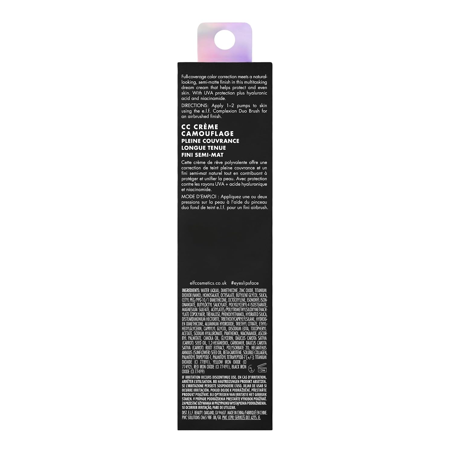 e.l.f. Camo CC Cream. SPF 30 Color-Correcting Medium-To-Full Coverage Face Foundation. Delivers An Airbrushed Finish. Vegan & Cruelty-Free. Light 250 W