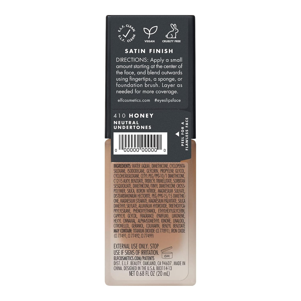 e.l.f. Flawless Satin Foundation. Lightweight & Medium Coverage. Semi-Matte Finish. Vegan & Cruelty-Free. Honey. 0.68 Fl Oz (20mL)