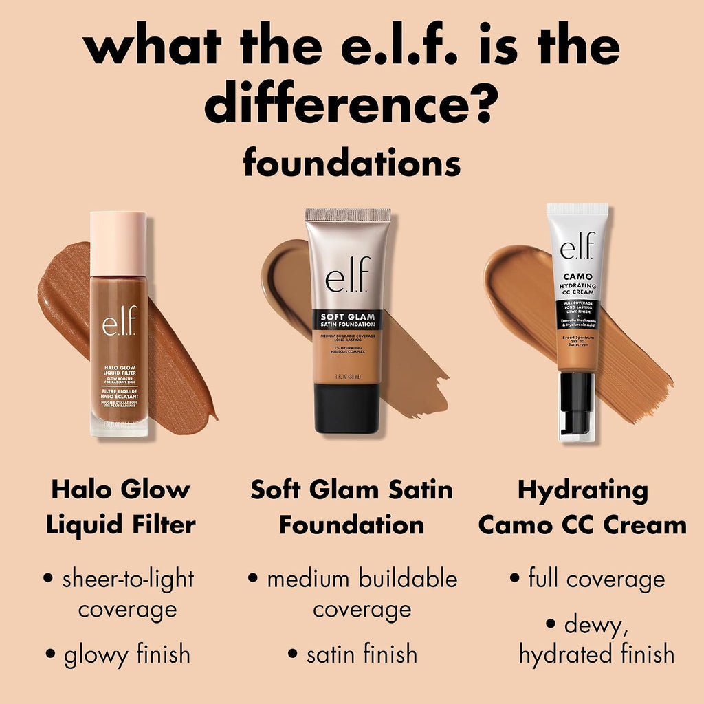e.l.f. Soft Glam Satin Foundation. Medium Coverage. 50 Deep Warm | Satin Finish. Long-Lasting Wear. Hydrating Hyaluronic Acid & Hibiscus Complex. Blurs Pores. Lightweight. Vegan & Cruelty-Free