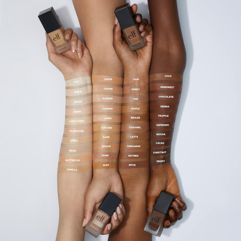 e.l.f. Flawless Satin Foundation. Lightweight & Medium Coverage. Semi-Matte Finish. Vegan & Cruelty-Free. Maple. 0.68 Fl Oz (20mL)