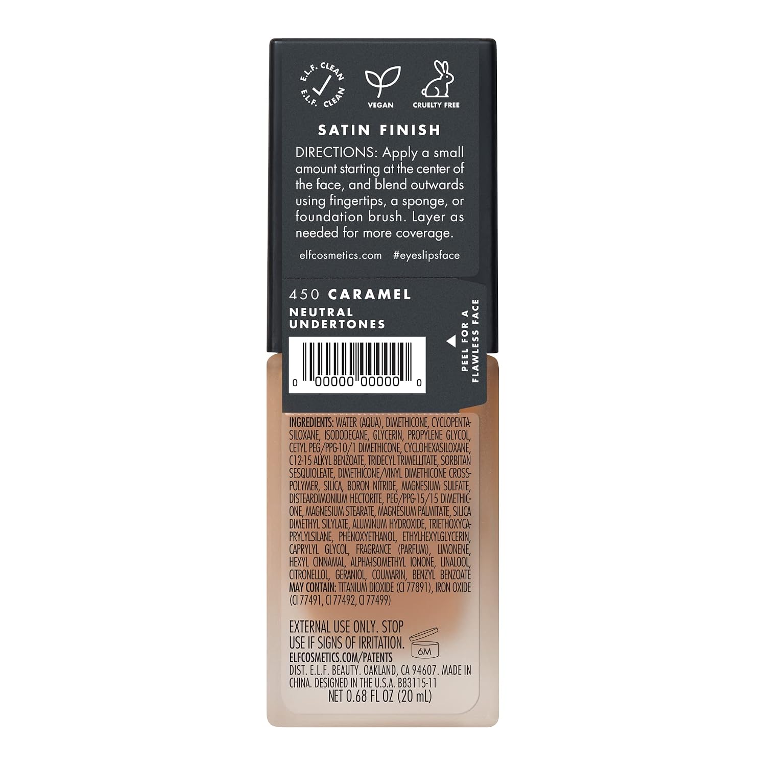 e.l.f. Flawless Satin Foundation. Lightweight & Medium Coverage. Semi-Matte Finish. Vegan & Cruelty-Free. Caramel. 0.68 Fl Oz (20mL)