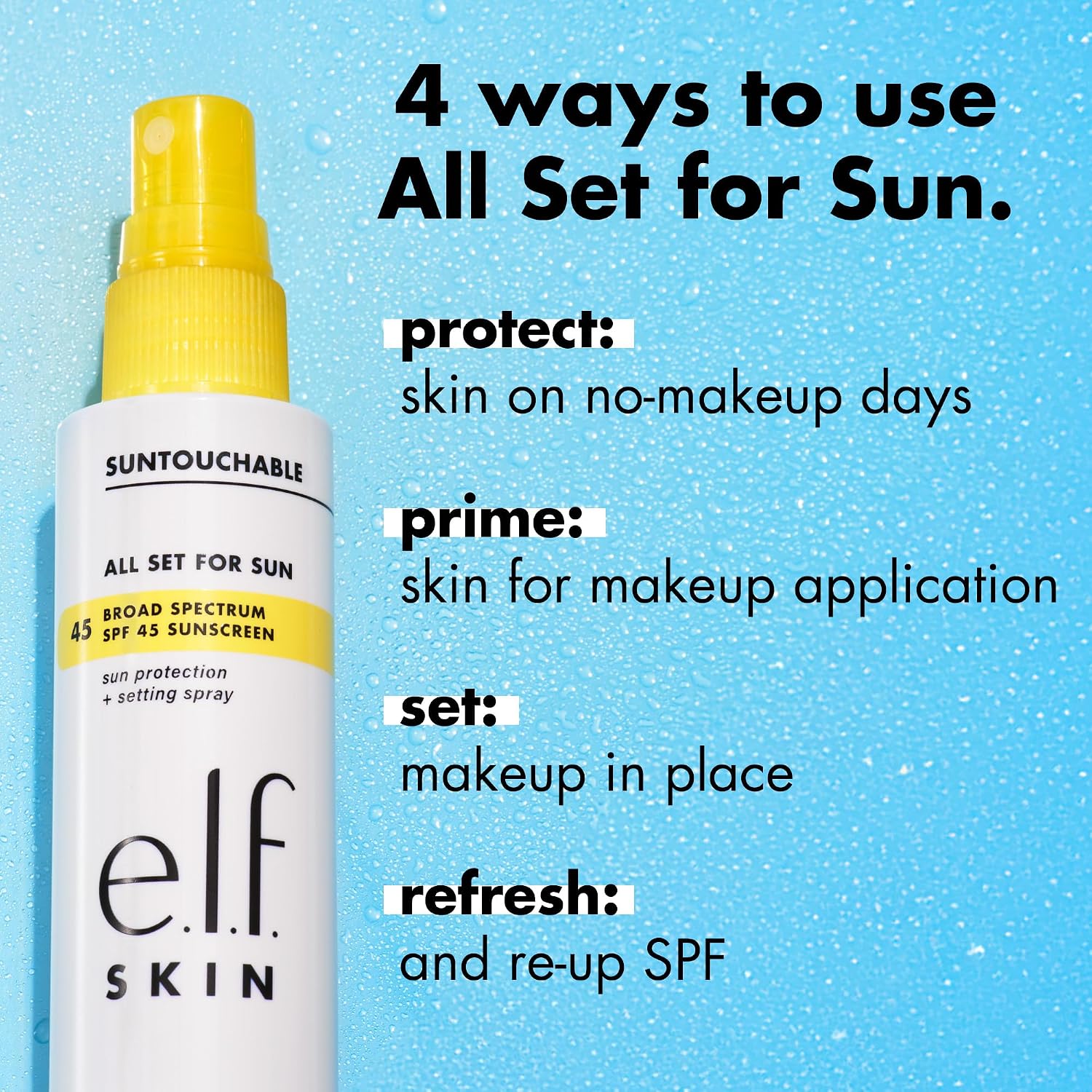 e.l.f. SKIN All Set For Sun SPF 45 Setting Spray | Clear Makeup Setting Mist + Sunscreen. Weightless SPF Face Protection & Makeup-Locking Spray. Vegan & Cruelty-Free