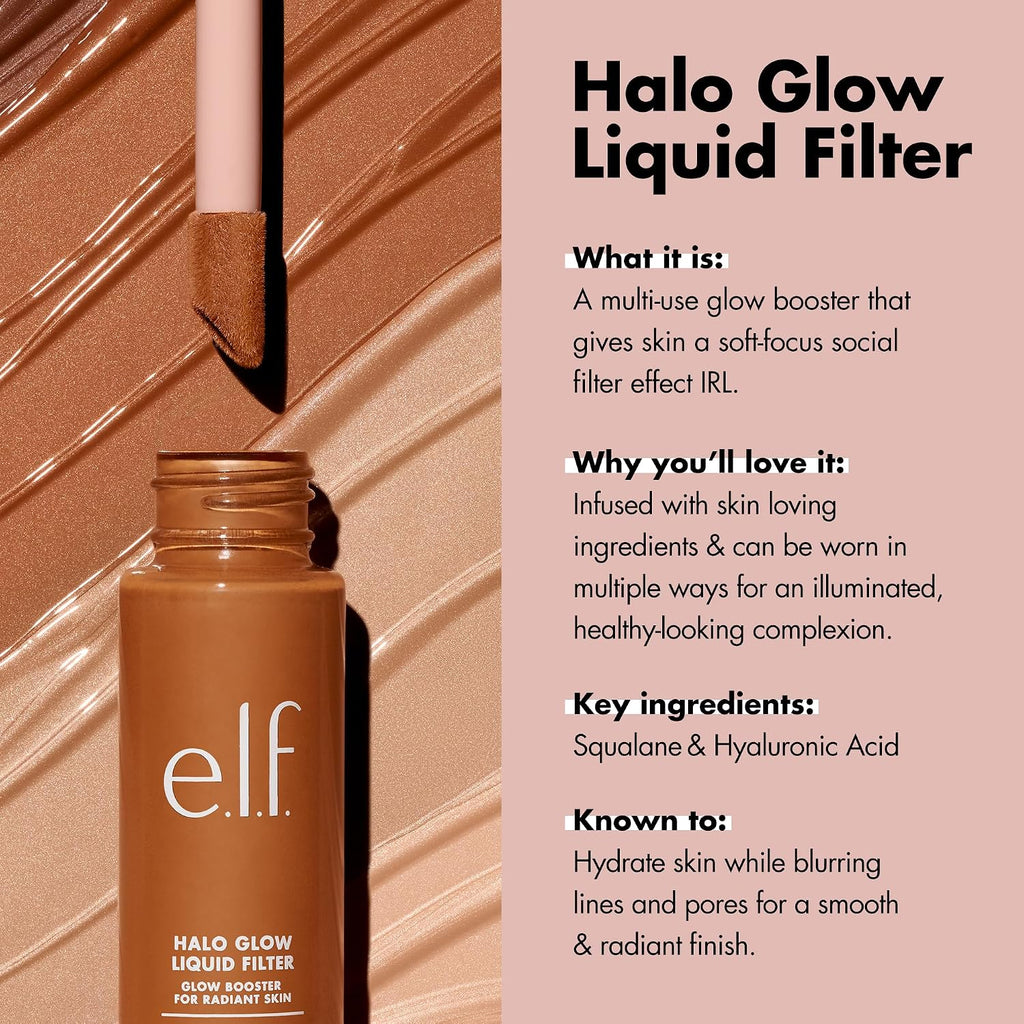 e.l.f. Halo Glow Liquid Filter. Hydrating Complexion Boost. 3 Light/Medium | Soft Focus. Luminous Natural Glow for Face & Body. Infused with Hyaluronic Acid & Squalene. Vegan & Cruelty-Free