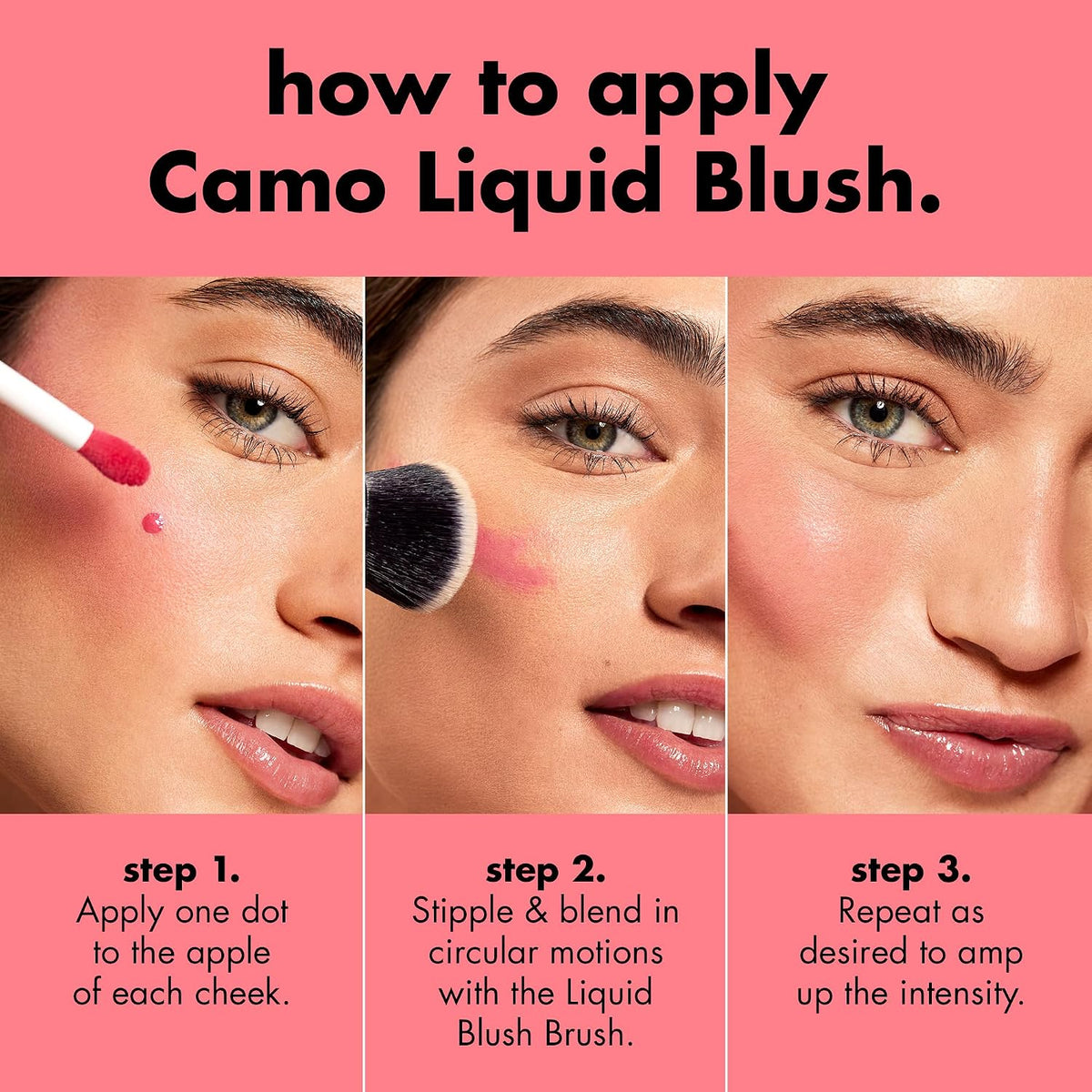e.l.f. Camo Liquid Blush. Buildable & Blendable. Comin' In Hot Pink | Lightweight Liquid Formula. Long-Lasting Wear. High-Pigment Color. Smooth Application. Buildable. Vegan & Cruelty-Free