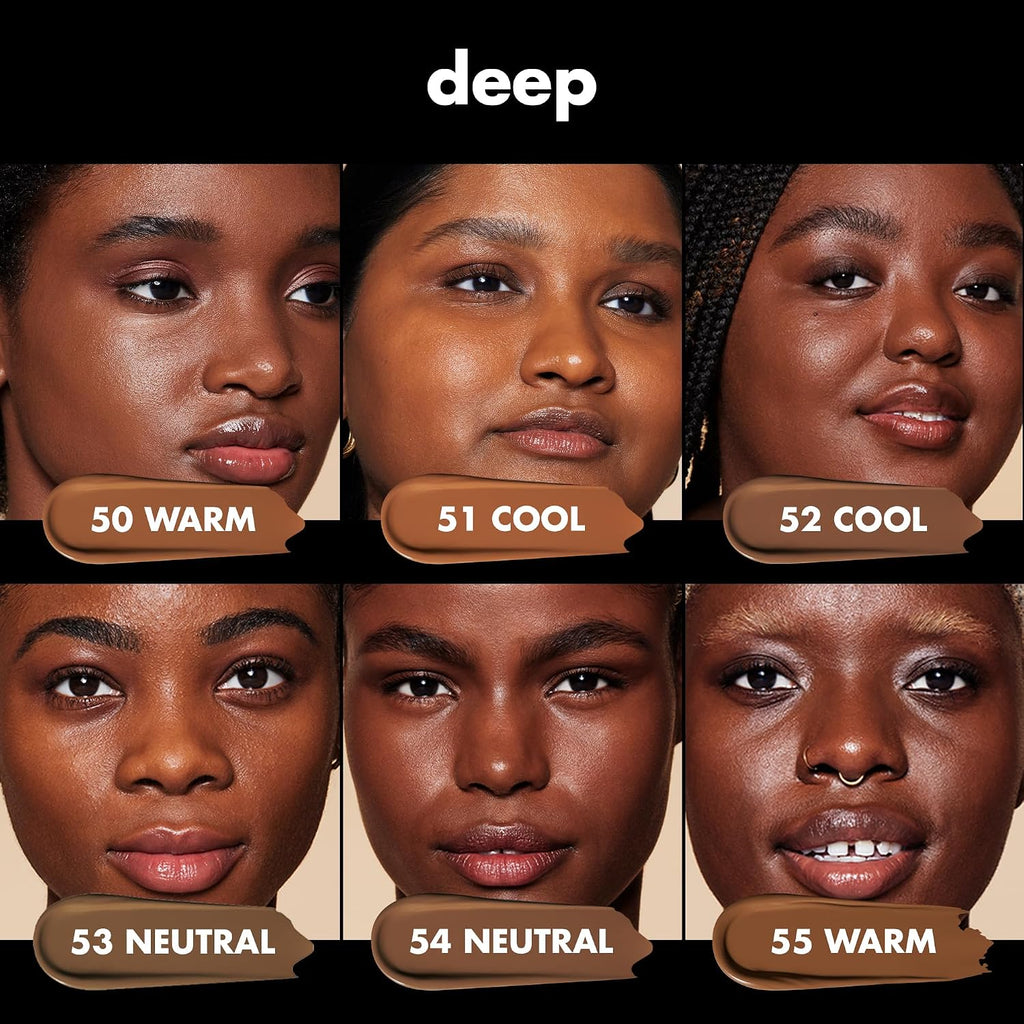 e.l.f. Soft Glam Satin Foundation. Medium Coverage. 50 Deep Warm | Satin Finish. Long-Lasting Wear. Hydrating Hyaluronic Acid & Hibiscus Complex. Blurs Pores. Lightweight. Vegan & Cruelty-Free