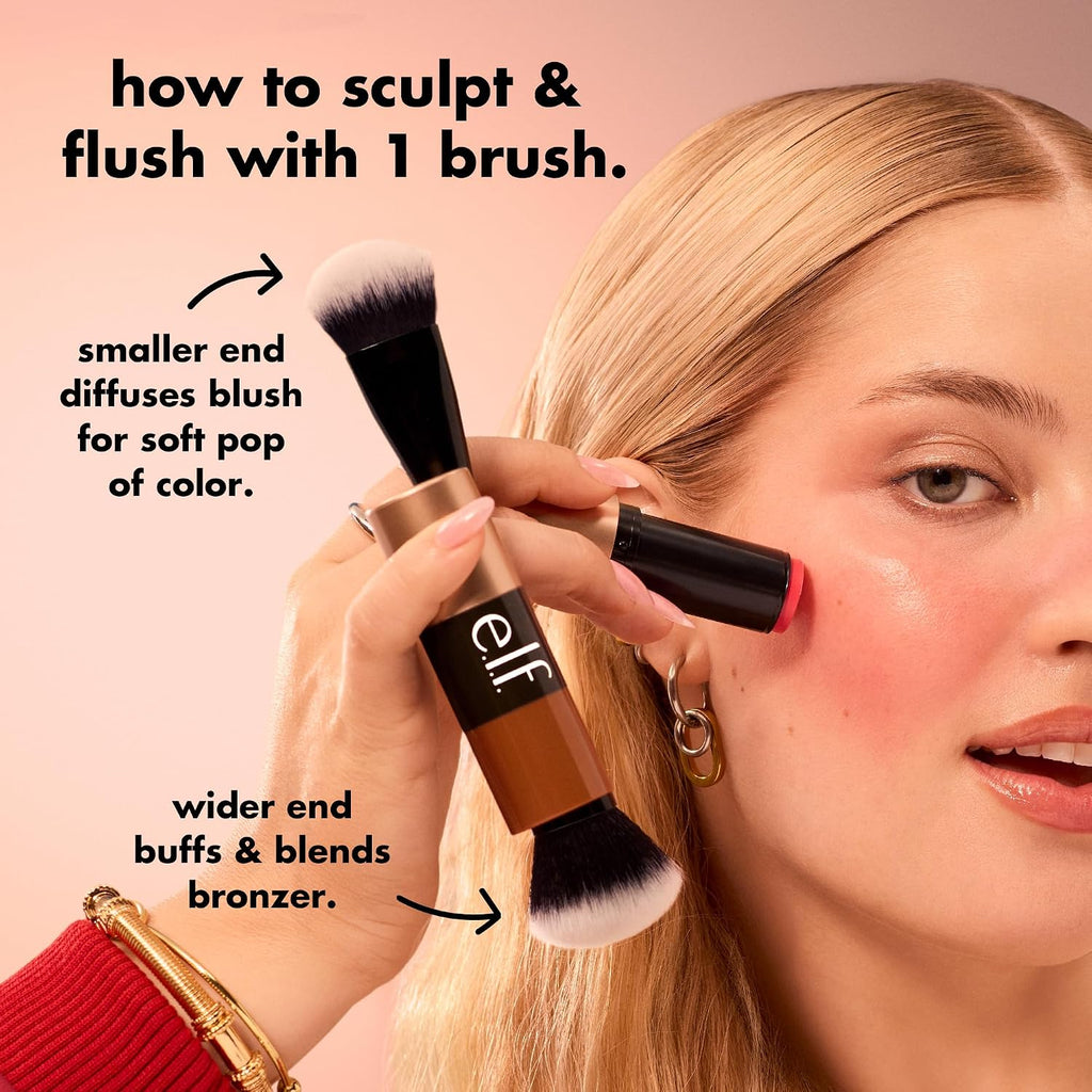 e.l.f. Cream Blush & Bronzer Duo Brush. Blending & Layering Brush | Cream Formulas. Dense Synthetic Bristles. Angled Sculpting. Creates Seamless & Professional Finish. Vegan & Cruelty-Free