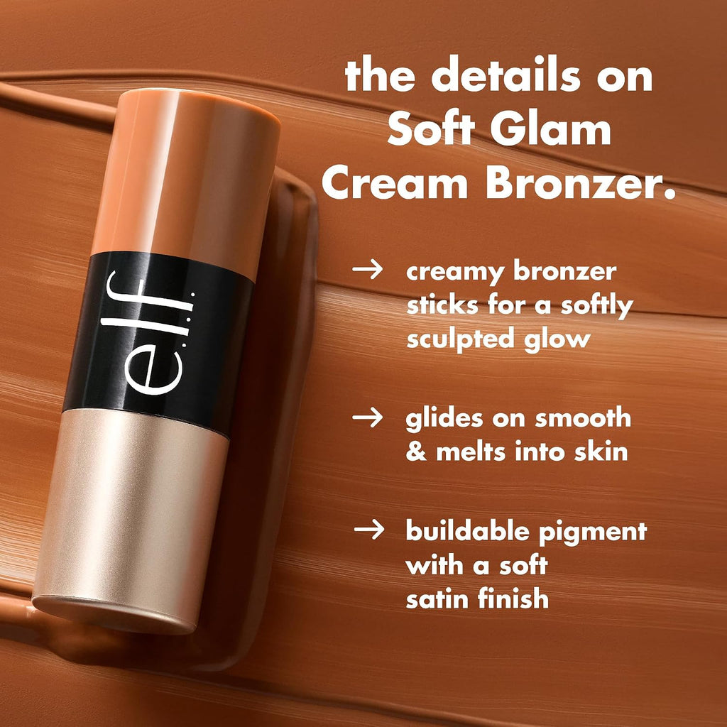 e.l.f. Soft Glam Cream Bronzer Stick. Sun-Kissed Soft Glow. Fair | Butter-Soft Blendable Formula. Satin Sculpted Finish. Buildable Warmth & High-Impact Color. Vegan & Cruelty-Free