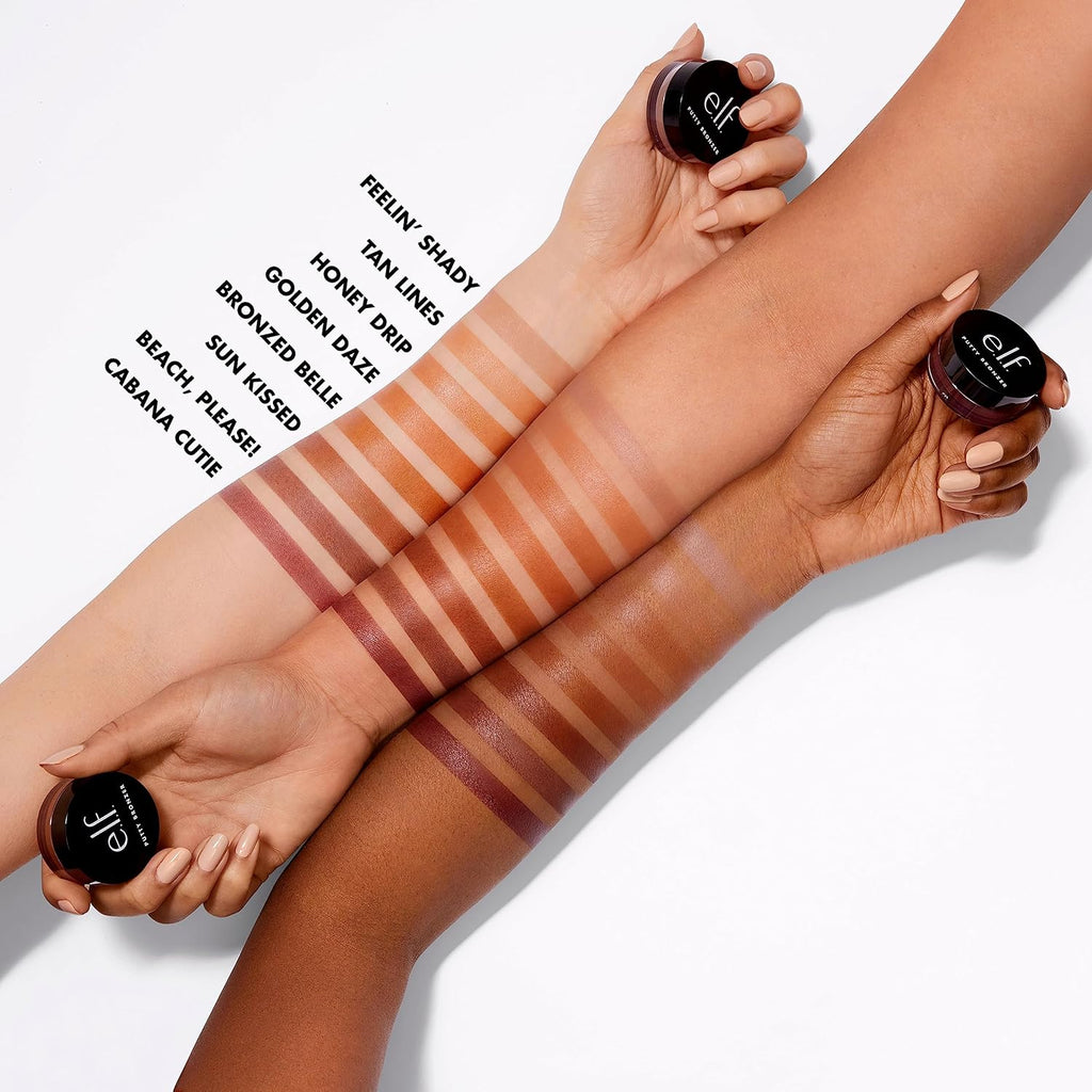 e.l.f. Putty Bronzer. Creamy & Highly Pigmented Formula. Creates a Long-Lasting Bronzed Glow. Infused with Argan Oil & Vitamin E. Sun Kissed. 0.35 Oz